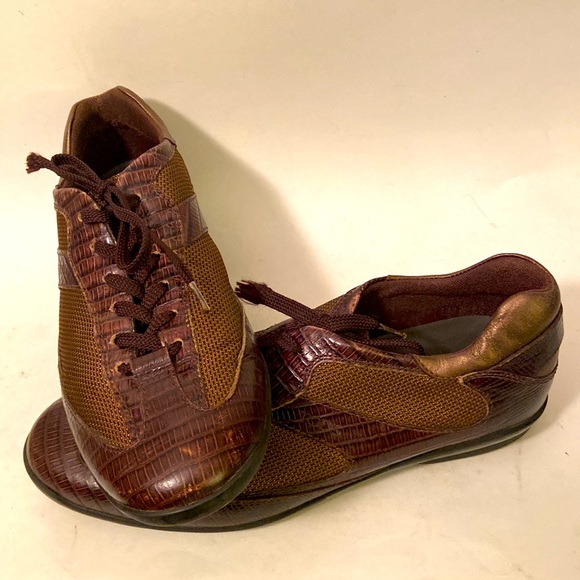 TOD’s Lace Up Flat Sneakers Brown Croco Leather/Mesh Shoes 38/7.5 Italy - Picture 1 of 10